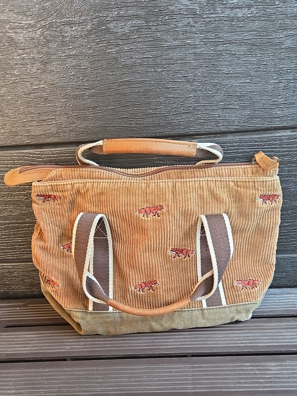 Vintage L.L. Bean Tan Corduroy Tote Bag, Embroidered Fox Pattern